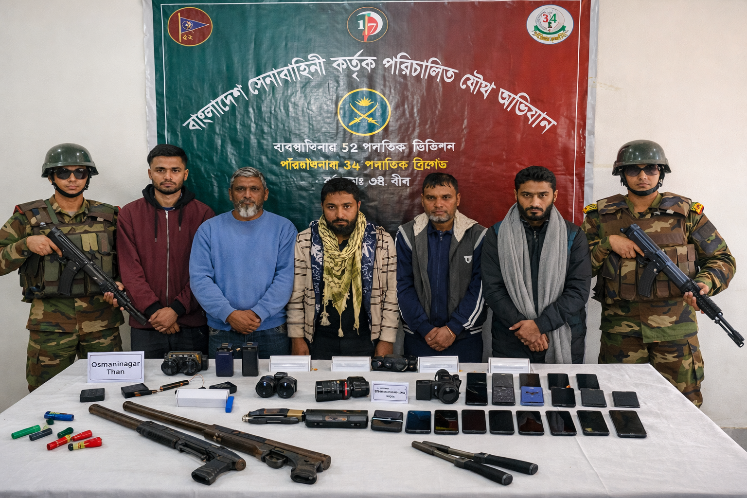 সিলেটের ওসমানীনগরে যৌথ অভিযানে অবৈধ অস্ত্র ও সরঞ্জাম উদ্ধার, পাঁচজন আটক