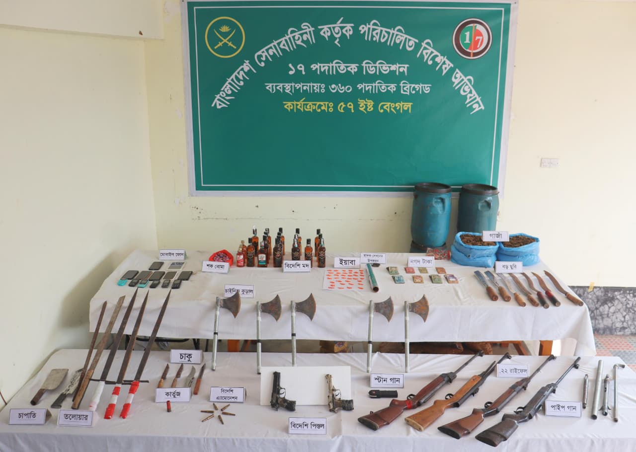 সুনামগঞ্জের ছয় উপজেলায় সেনাবাহিনীর অভিযানে ৪ জন গ্রেফতার, অস্ত্র গোলাবারুদ ও বিপুল মাদক উদ্ধার